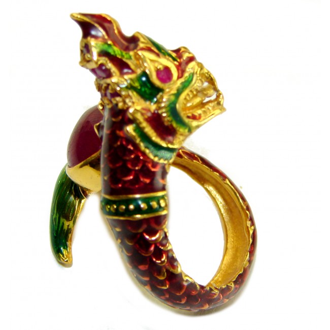 Dragon - symbolizes supernatural power- Enamel Ruby 18K Gold over .925 Sterling Silver Huge handcrafted Ring s. 8