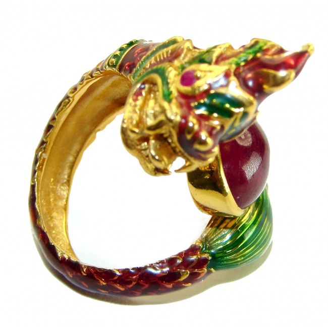 Dragon - symbolizes supernatural power- Enamel Ruby 18K Gold over .925 Sterling Silver Huge handcrafted Ring s. 8