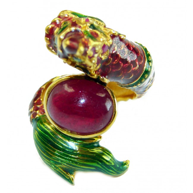 Dragon - symbolizes supernatural power- Enamel Ruby 18K Gold over .925 Sterling Silver Huge handcrafted Ring s. 8