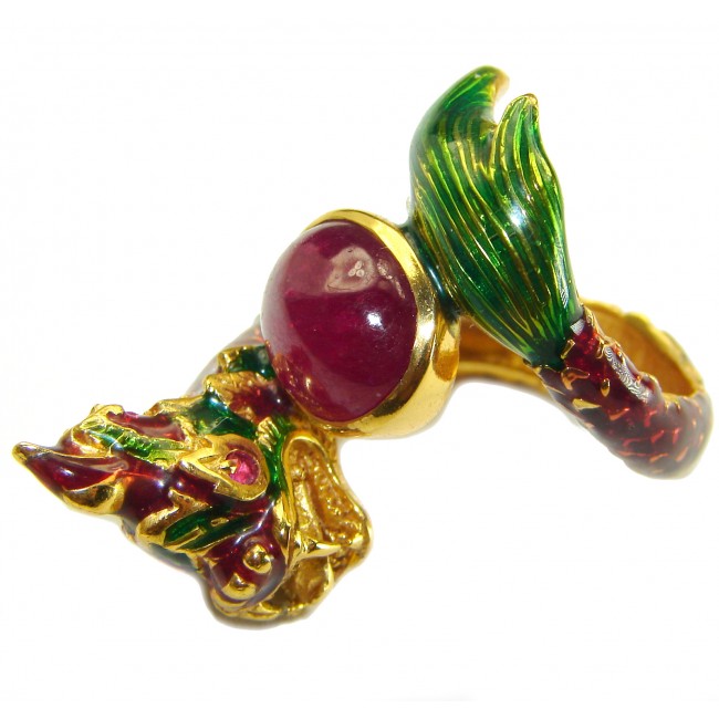 Dragon - symbolizes supernatural power- Enamel Ruby 18K Gold over .925 Sterling Silver Huge handcrafted Ring s. 8