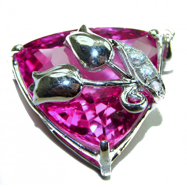 Two Roses trillion cut 20.4 carat Pink Sapphire .925 Sterling Silver handcrafted pendant