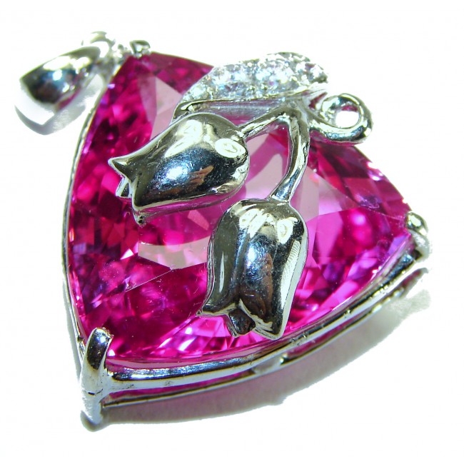 Two Roses trillion cut 20.4 carat Pink Sapphire .925 Sterling Silver handcrafted pendant