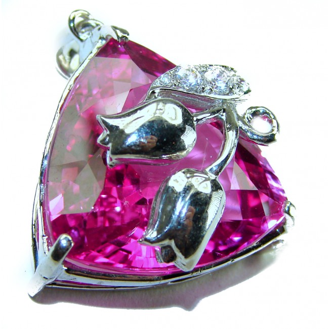 Two Roses trillion cut 20.4 carat Pink Sapphire .925 Sterling Silver handcrafted pendant