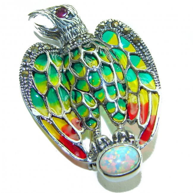 Natural Enamel Eagle .925 Sterling Silver Brooch Pendant