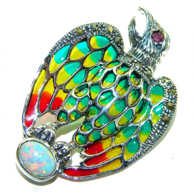 Natural Enamel Eagle .925 Sterling Silver Brooch Pendant