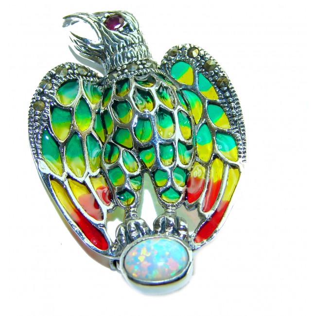 Natural Enamel Eagle .925 Sterling Silver Brooch Pendant