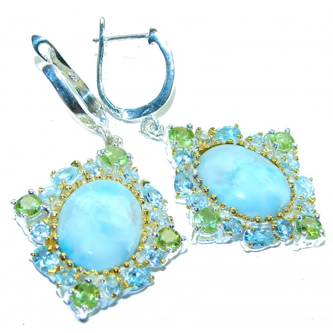 Venus Genuine 14.5 carat Blue Larimar 14K Gold over .925 Sterling Silver handmade earrings