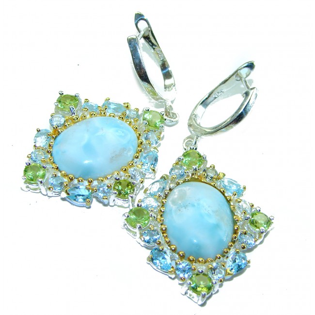 Venus Genuine 14.5 carat Blue Larimar 14K Gold over .925 Sterling Silver handmade earrings