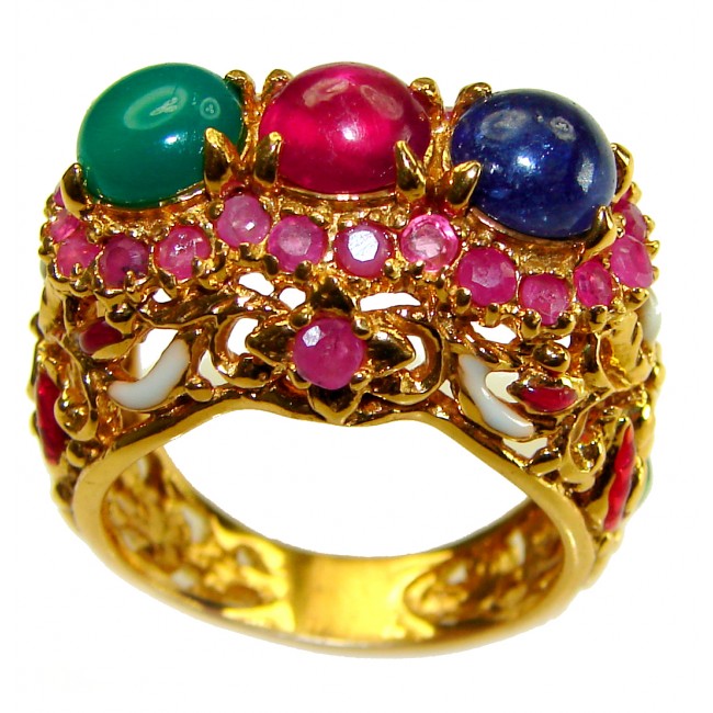 Magnificent 10.9 carat Natural Ruby Emerald Sapphire Enemel 18K Gold over . 925 Sterling Silver handcrafted Statement Ring size 6