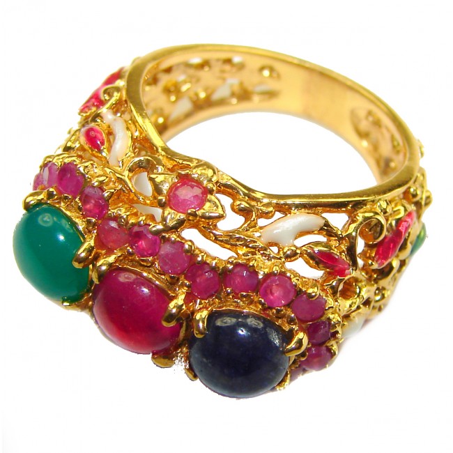 Magnificent 10.9 carat Natural Ruby Emerald Sapphire Enemel 18K Gold over . 925 Sterling Silver handcrafted Statement Ring size 6