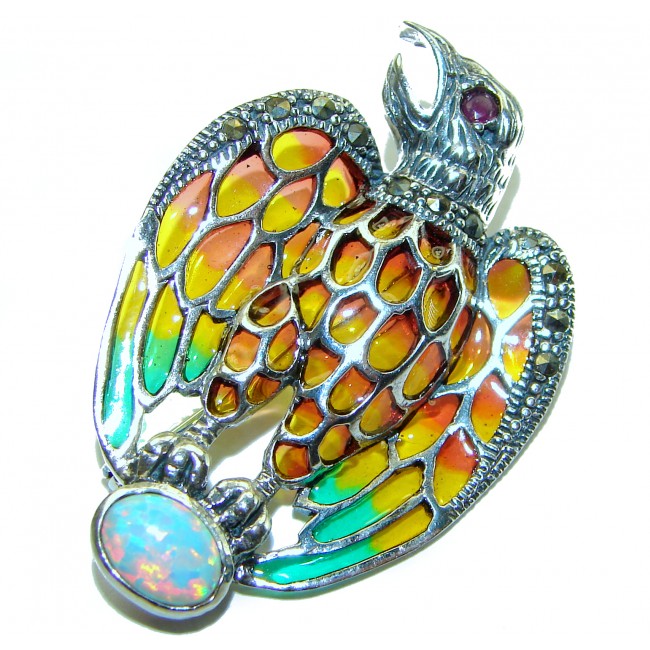 Natural Enamel Eagle Australian Opal .925 Sterling Silver Brooch Pendant Brooch