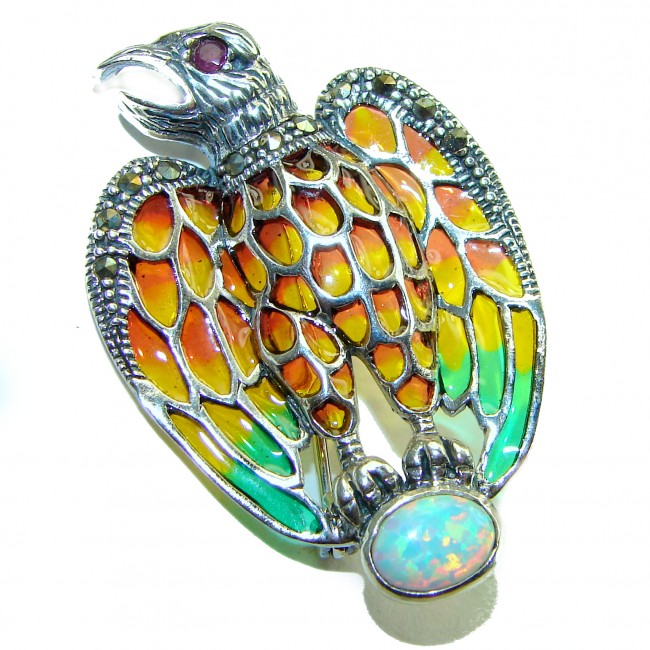 Natural Enamel Eagle Australian Opal .925 Sterling Silver Brooch Pendant Brooch