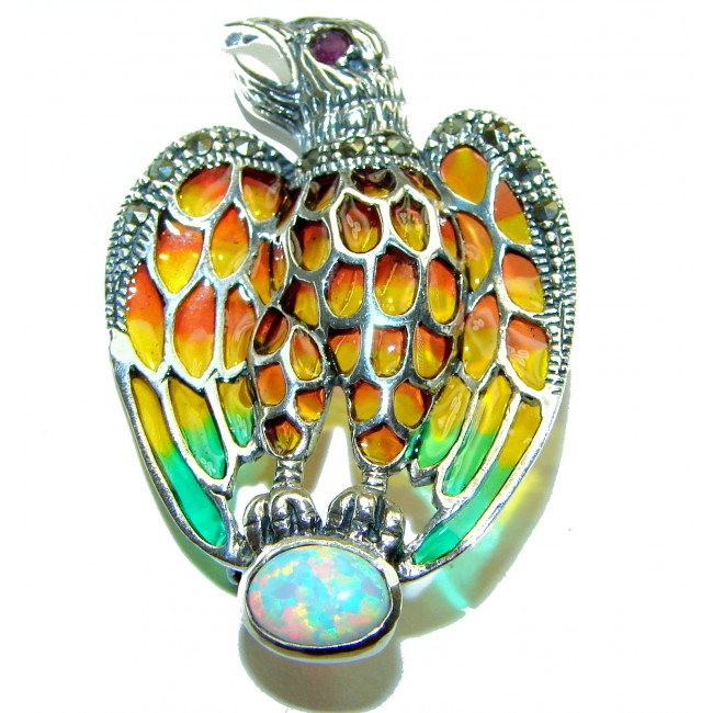 Natural Enamel Eagle Australian Opal .925 Sterling Silver Brooch Pendant Brooch