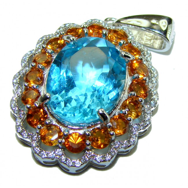 Luxurious 15.6 carat Swiss Blue Topaz Orange Sapphire .925 Sterling Silver handmade Pendant