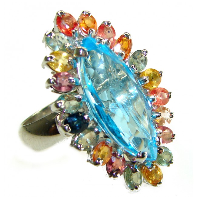 Electric Blue 28.5 carat Blue Swiss Topaz .925 Sterling Silver handcrafted Ring size 7 1/4