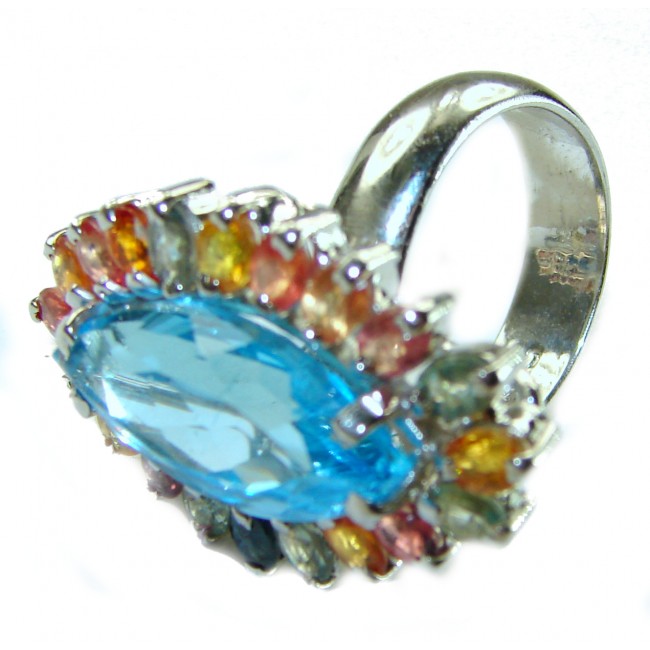 Electric Blue 28.5 carat Blue Swiss Topaz .925 Sterling Silver handcrafted Ring size 7 1/4