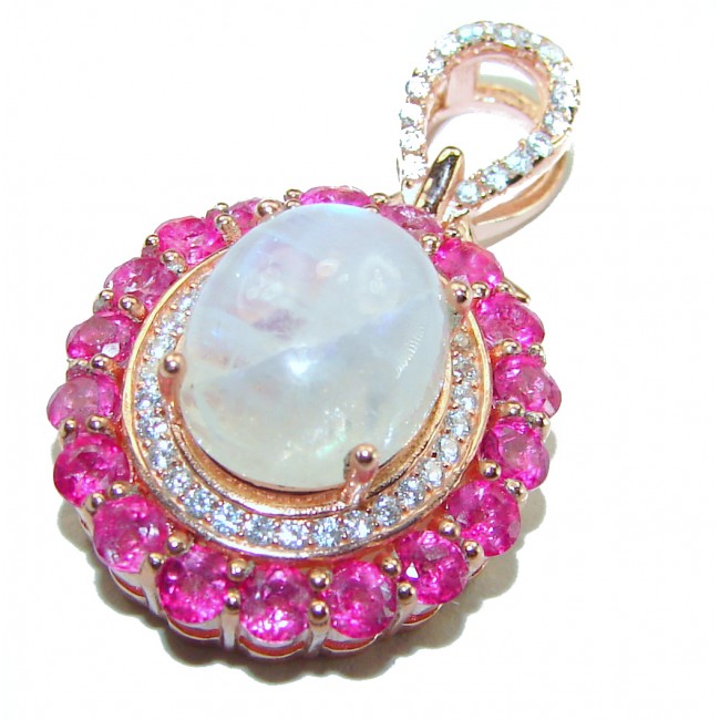 Genuine 6.5 carat Fire Moonstone Pink Sapphire 14K Rose Gold over .925 Sterling Silver handcrafted pendant