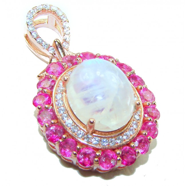 Genuine 6.5 carat Fire Moonstone Pink Sapphire 14K Rose Gold over .925 Sterling Silver handcrafted pendant