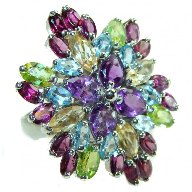 Colors of the World Genuine 32.5 carat MultiGems .925 Sterling Silver handcrafted Large Ring size 8 1/4