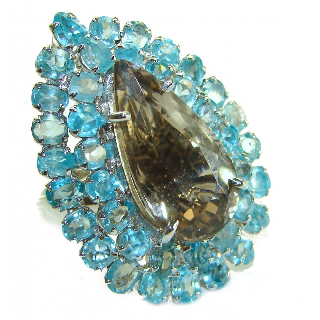 66.5 Carat Authentic Champagne Topaz Aquamarine .925 Sterling Silver Handcrafted Large Ring size 8