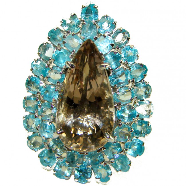 66.5 Carat Authentic Champagne Topaz Aquamarine .925 Sterling Silver Handcrafted Large Ring size 8