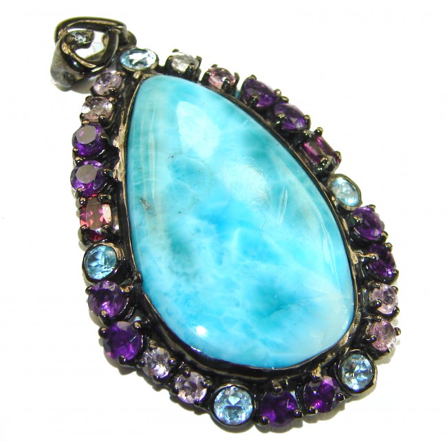 Vintage Beauty genuine 22.5 carat Larimar black rhodium over .925 Sterling Silver handmade Pendant