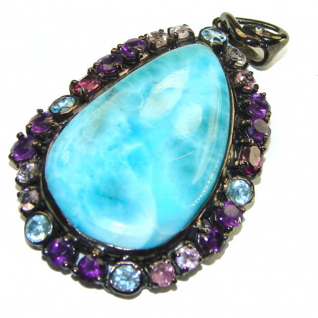 Vintage Beauty genuine 22.5 carat Larimar black rhodium over .925 Sterling Silver handmade Pendant