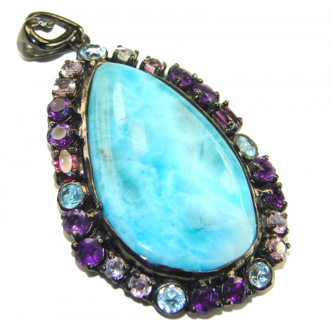 Vintage Beauty genuine 22.5 carat Larimar black rhodium over .925 Sterling Silver handmade Pendant