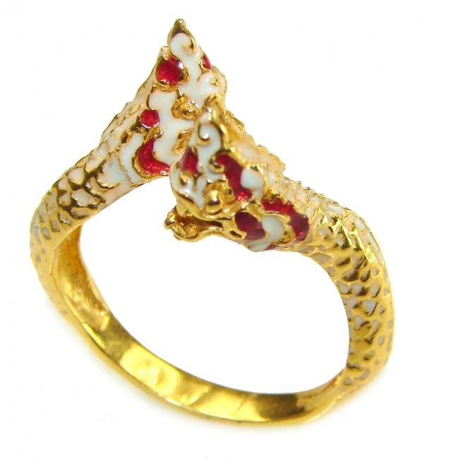 Two Dragons Ruby Enamel 14K Gold over .925 Sterling Silver ring s. 10