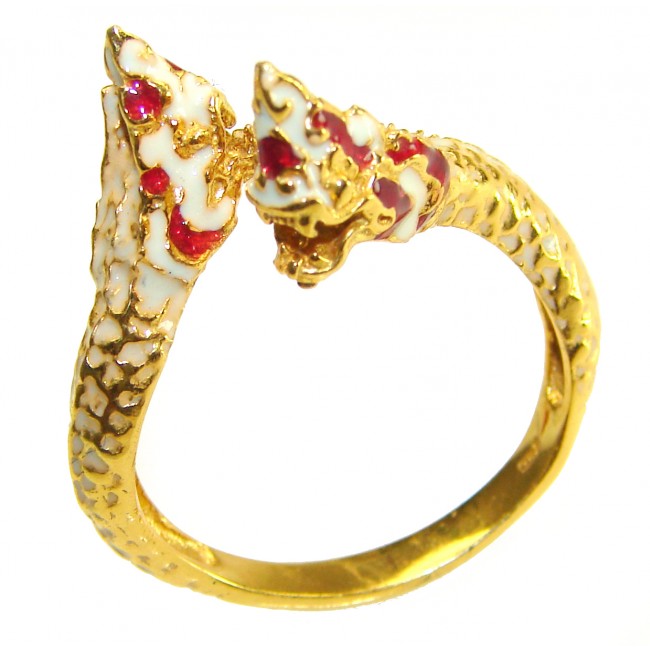 Two Dragons Ruby Enamel 14K Gold over .925 Sterling Silver ring s. 10