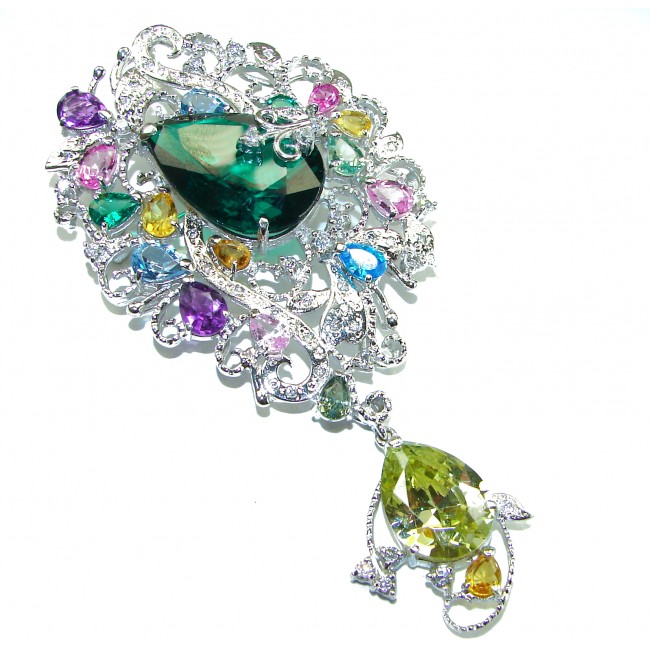 Elizabeth Incredible 45.5 carat Green Topaz .925 Sterling Silver handcrafted pendant - brooch