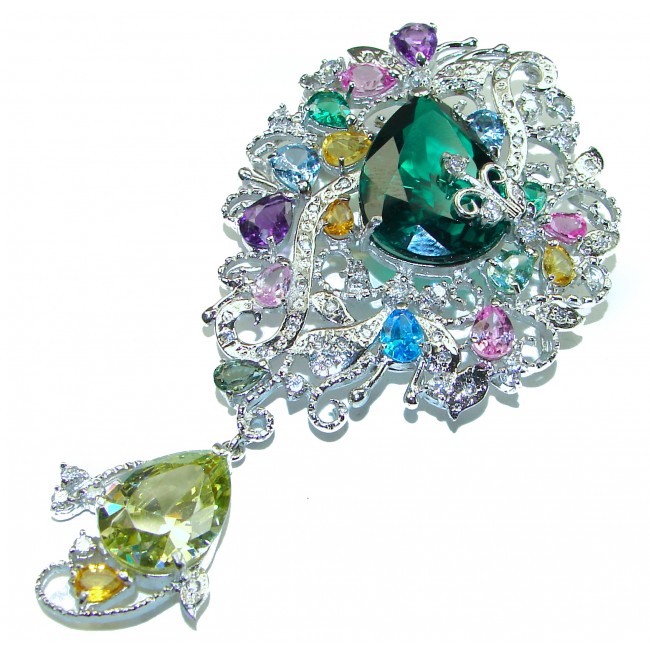 Elizabeth Incredible 45.5 carat Green Topaz .925 Sterling Silver handcrafted pendant - brooch