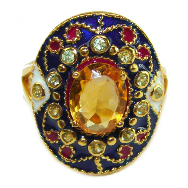 4.5 carat Citrine Enamel 18K Gold over .925 Sterling Silver Huge handcrafted Ring s. 8 1/4