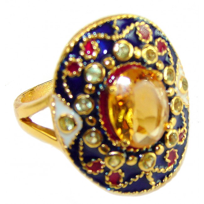 4.5 carat Citrine Enamel 18K Gold over .925 Sterling Silver Huge handcrafted Ring s. 8 1/4