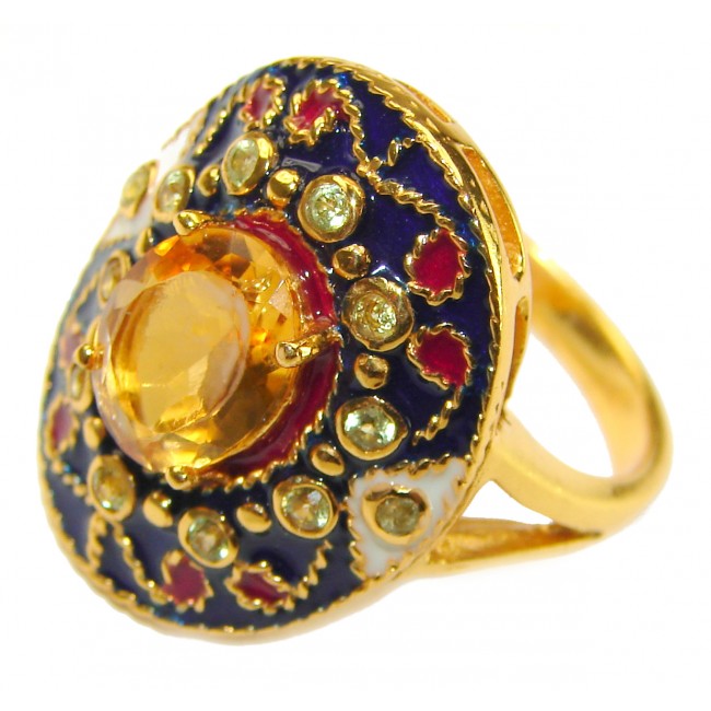 4.5 carat Citrine Enamel 18K Gold over .925 Sterling Silver Huge handcrafted Ring s. 8 1/4