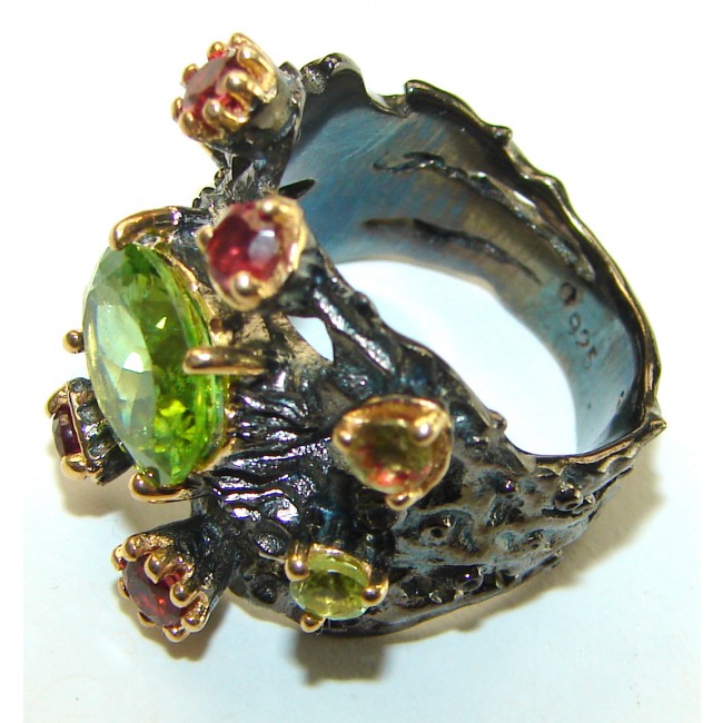 Authentic 11.1 carat Peridot black rhodium over .925 Sterling Silver handmade Ring s. 6