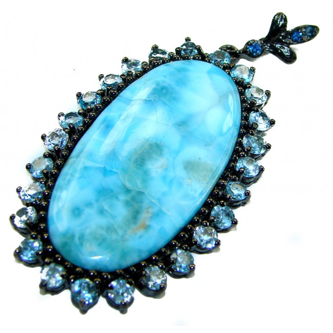 Vintage Beauty genuine 33.5 carat Larimar black rhodium over .925 Sterling Silver handmade Pendant