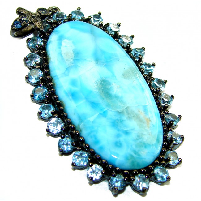 Vintage Beauty genuine 33.5 carat Larimar black rhodium over .925 Sterling Silver handmade Pendant