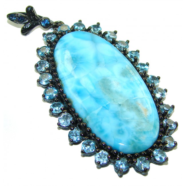 Vintage Beauty genuine 33.5 carat Larimar black rhodium over .925 Sterling Silver handmade Pendant