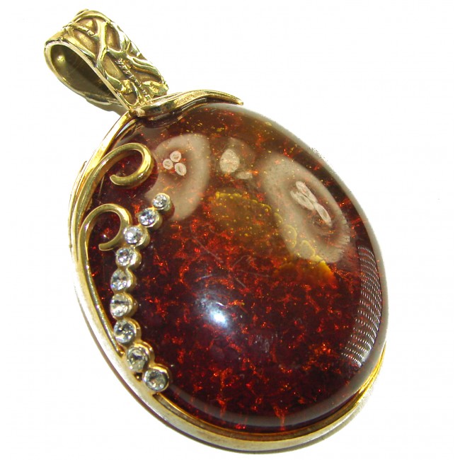 Best quality Large Cognac Baltic Amber white Crystals 14K Gold over .925 Sterling Silver handmade Pendant