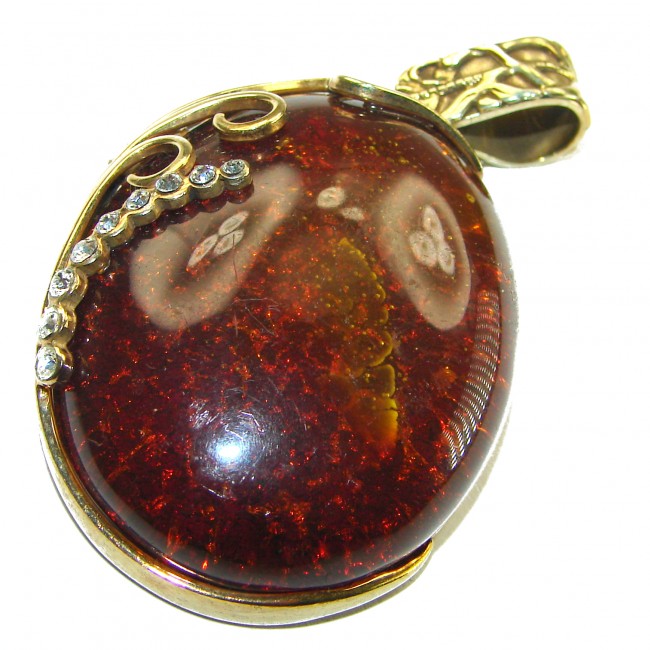 Best quality Large Cognac Baltic Amber white Crystals 14K Gold over .925 Sterling Silver handmade Pendant