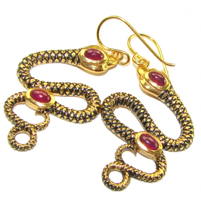 Very Unique Snakes Ruby Enamel 18K Gold over .925 Sterling Silver handcrafted earrings