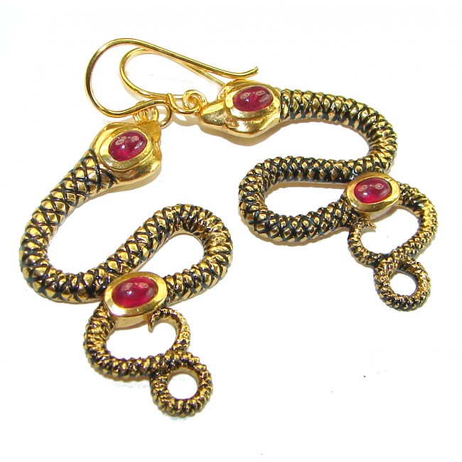 Very Unique Snakes Ruby Enamel 18K Gold over .925 Sterling Silver handcrafted earrings