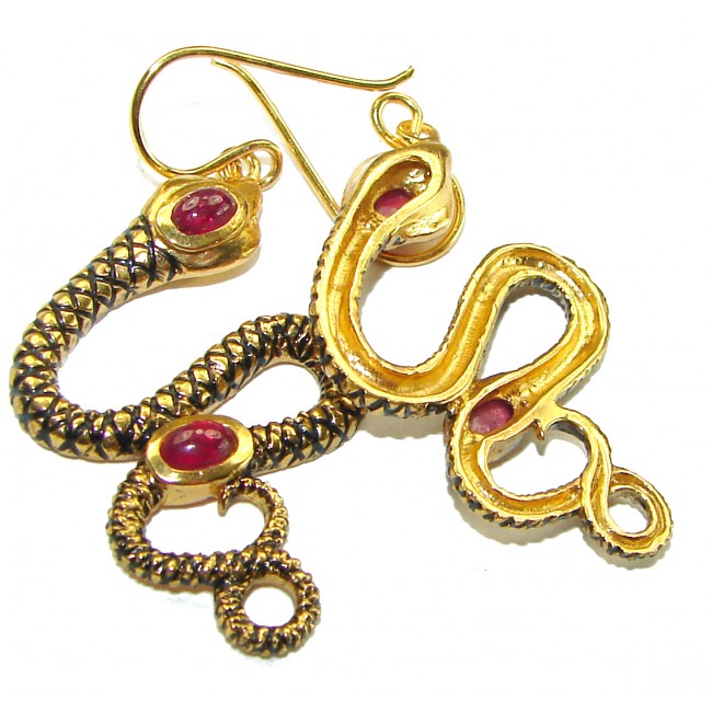 Very Unique Snakes Ruby Enamel 18K Gold over .925 Sterling Silver handcrafted earrings