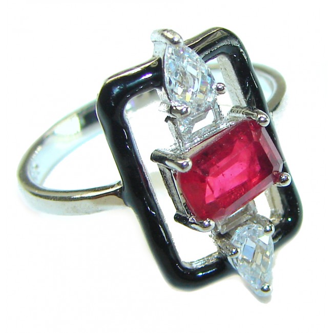 Art Deco 2.3 carat Ruby black enamel .925 Sterling Silver handmade Ring size 8 1/4