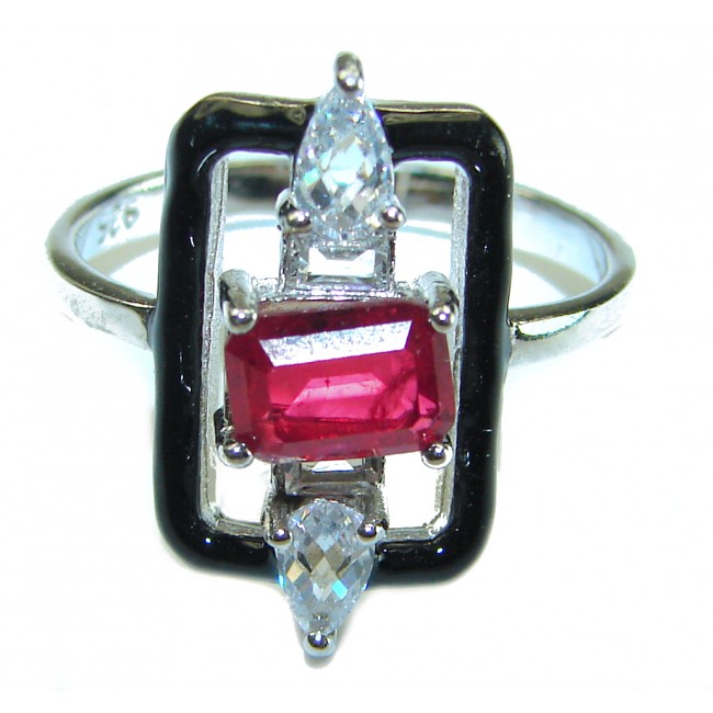 Art Deco 2.3 carat Ruby black enamel .925 Sterling Silver handmade Ring size 8 1/4