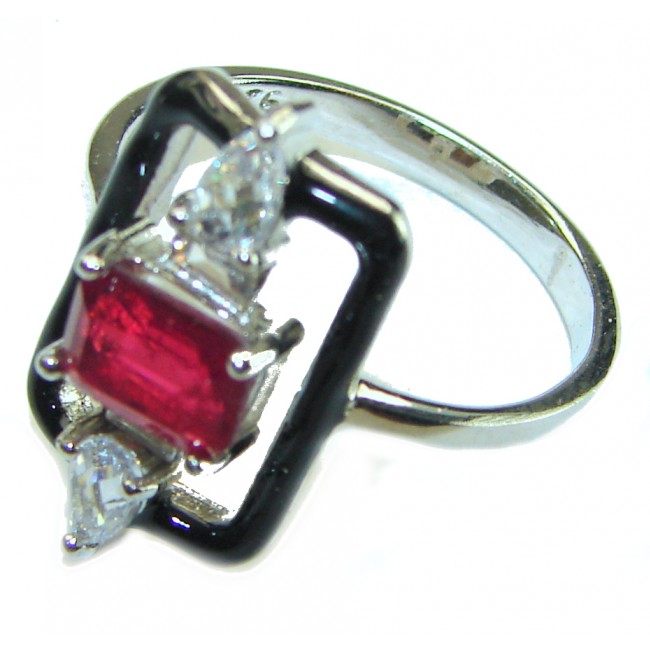 Art Deco 2.3 carat Ruby black enamel .925 Sterling Silver handmade Ring size 8 1/4