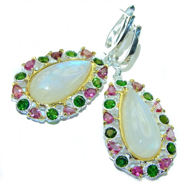 Moonlight Authentic 33.2 carat Fire Moonstone 14k Gold over .925 Sterling Silver handmade Large earrings