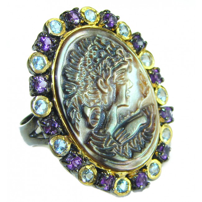 Vintage design Genuine Cameo Rainbow Abalone black rhodium over .925 Sterling Silver handcrafted Large ring; s. 8 1/2