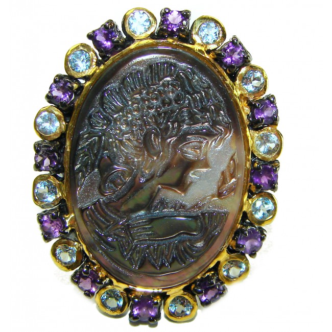 Vintage design Genuine Cameo Rainbow Abalone black rhodium over .925 Sterling Silver handcrafted Large ring; s. 8 1/2